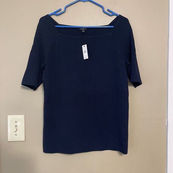 Talbots Womens Navy Blue Square Neck Elbow Sleeve Sweater Keyhole Petite Large - Picture 2 of 9